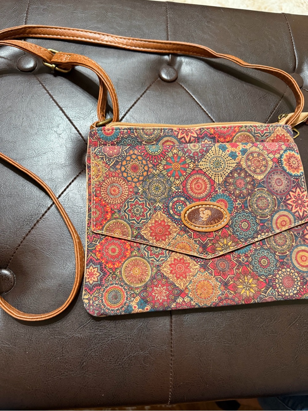 Portugal Multicolor Floral Medallion Crossbody Bag with Tan Strap
